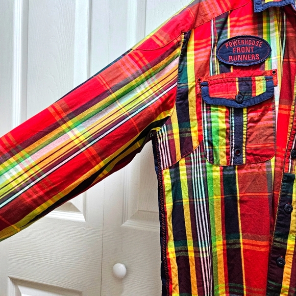 Parish Nation Powerhouse Front Runners Men's Flannel Shirt 2XL Red Plaid Patches - Picture 4 of 13